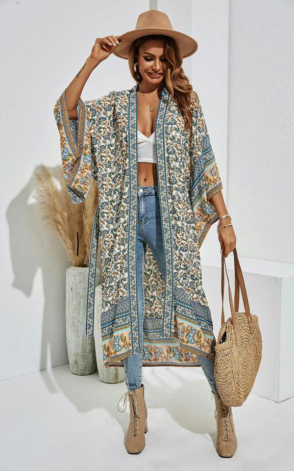 FS Collection Relaxed Cotton Kimono In Blue Floral
