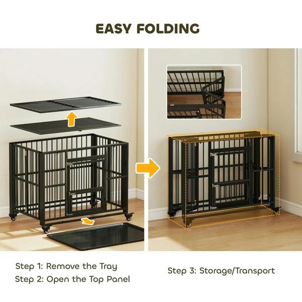 Black foldable dog crate shown folding and unfolding on caster wheels, metal bar design