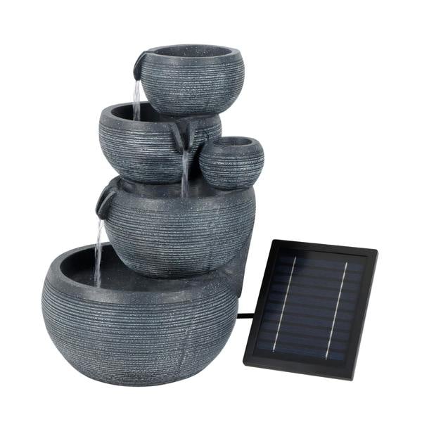Gardenwize Solar Powered 4-Tier Cascading Bowl Water Feature with Battery Backup & LED Lights, Self-Contained Outdoor Garden Water Feature