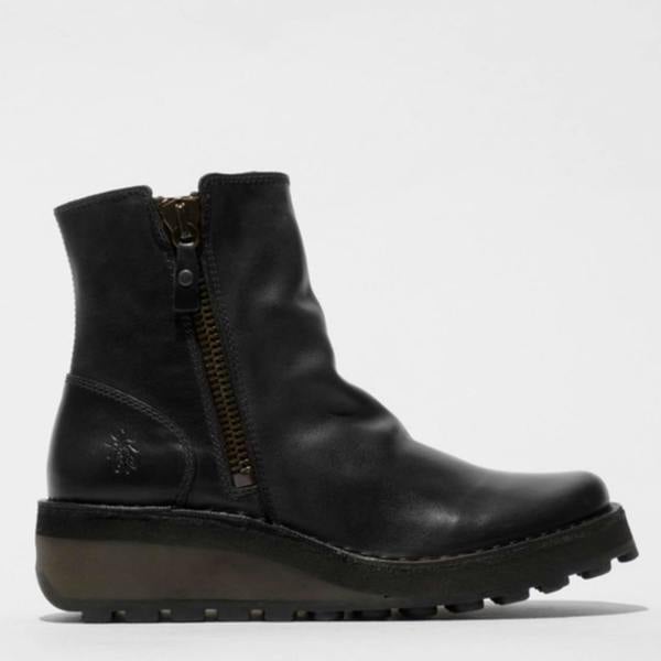 FLY London Fly London HOLE Womens Zip Up Chelsea Dealer Mid Ankle Boots, black leather ankle boots with side zipper and rugged sole.