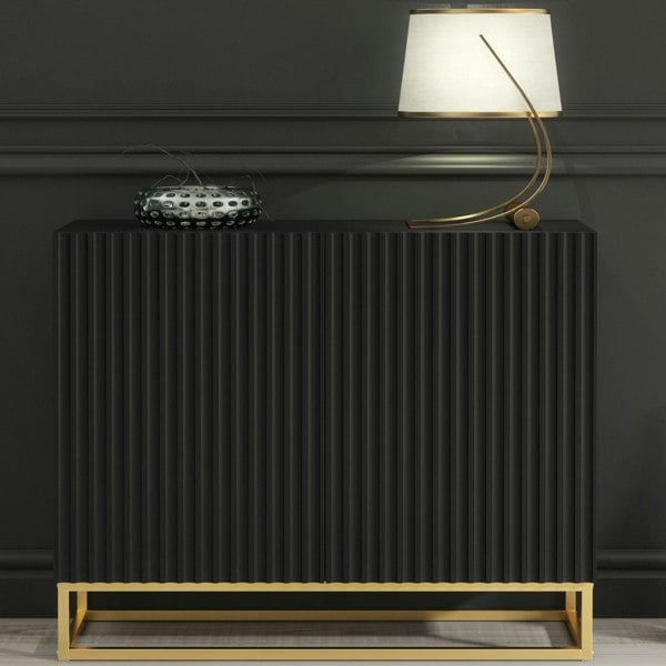 Mex Furniture Graceful Black Sideboard with Fluted Fronts & Gold Legs – 100cm Storage Unit