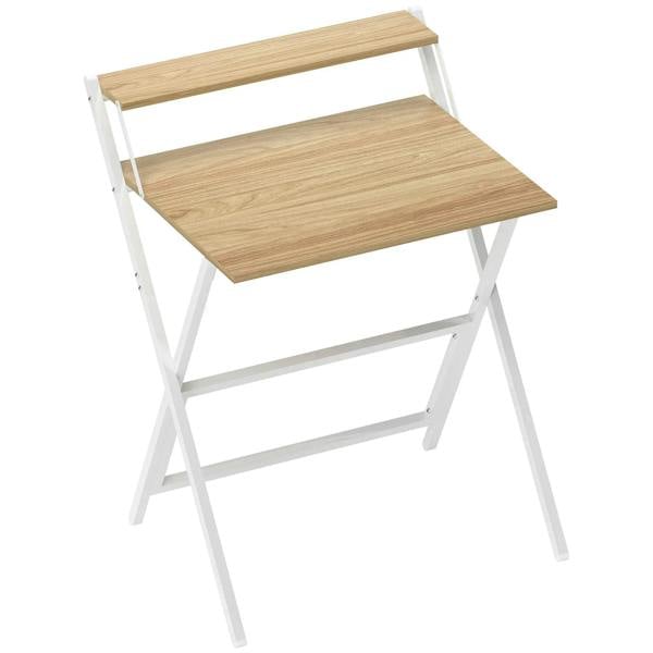 70 cm folding computer desk with monitor shelf, natural wood top and white metal frame