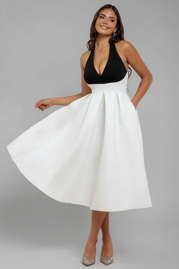 Contrast  Halter Neck Pleated A-Line Midaxi Dress - Black Cream DR4630