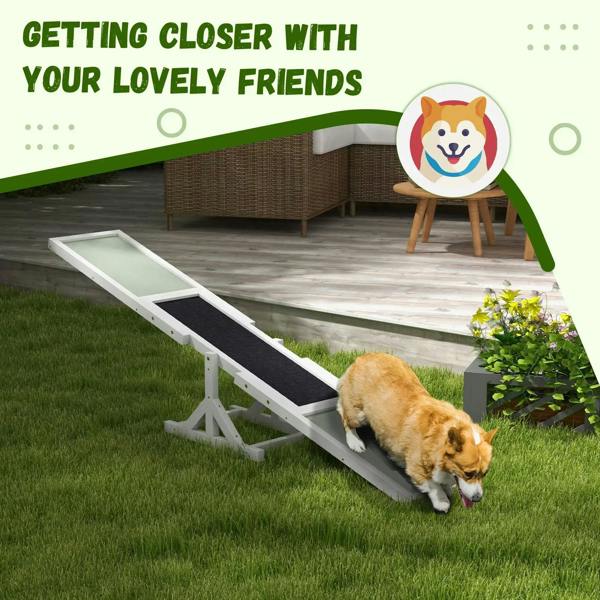 White wooden dog seesaw with black anti-slip deck and a dog walking on the ramp outdoors