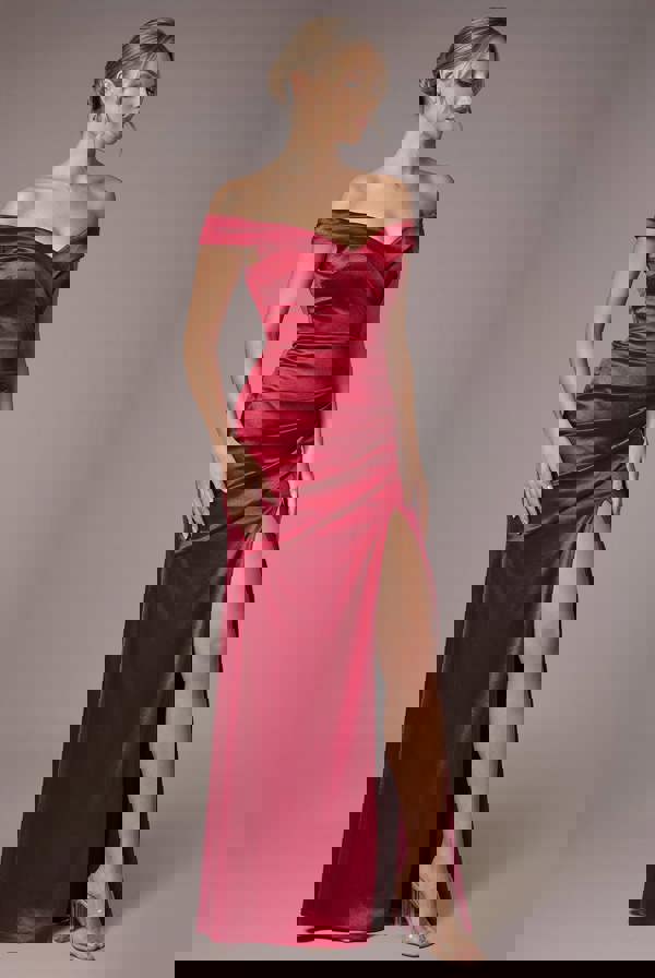 Satin Off Shoulder Pleated Maxi Dress - Berry DR3731