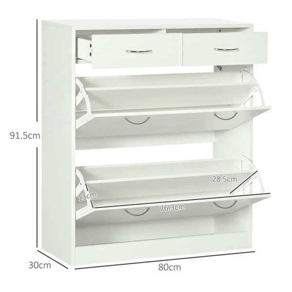 White shoe cabinet organizer with open flip drawers showing adjustable interior shelves