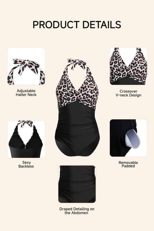 Modishion Stylish Halter Neck One-Piece Swimsuit