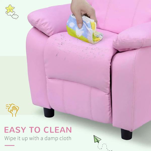 Kids pink recliner chair with wipe-clean PU leather arms and seat