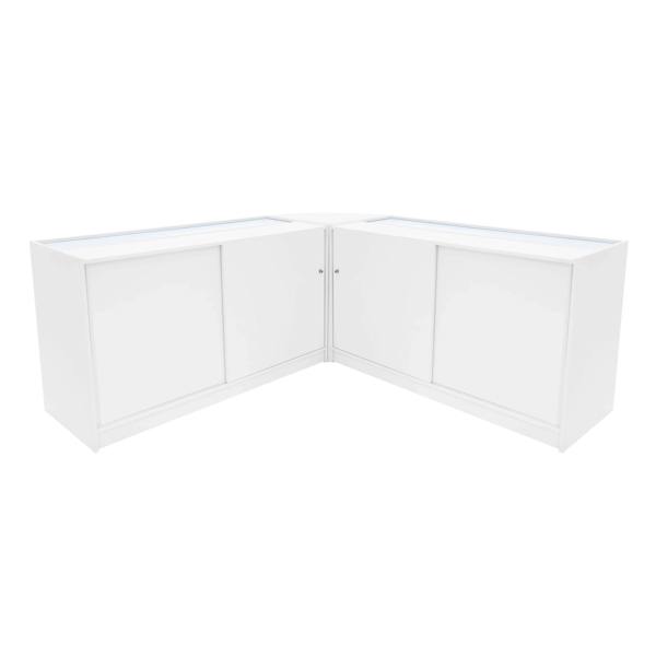 White Helios LED shop counter set featuring a sleek, modern design with two corner units and sliding doors for storage