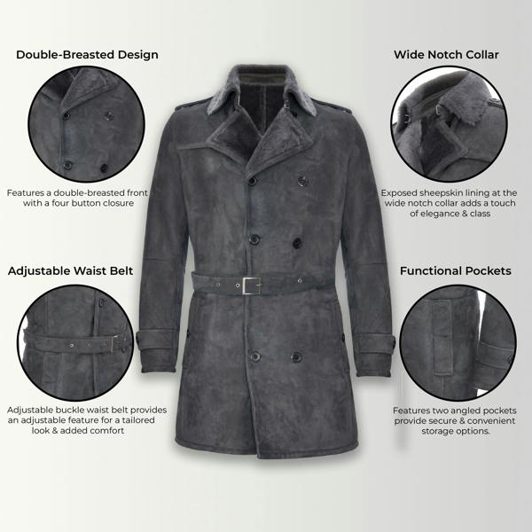 Infinity Leather Mens Shearling Sheepskin Suede Pea Coat-Kempston