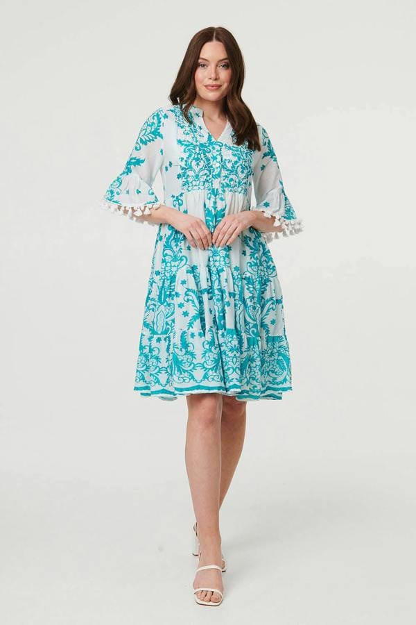 Blue | Printed Tassel Sleeve Knee Length Dress