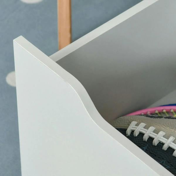 Grey kids bookshelf toy organizer with curved front edge and open top bin
