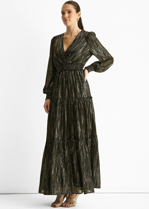 Gini London Black Lurex Chiffon Occassion Tiered Maxi Dress