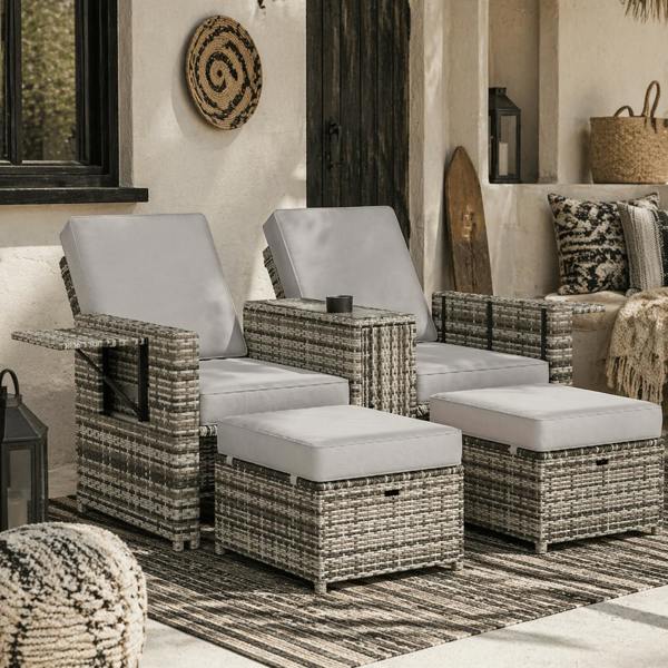 Wyld Haus Saelmo Grey Rattan Sun Lounger Set With Storage Tea Table And Footstools