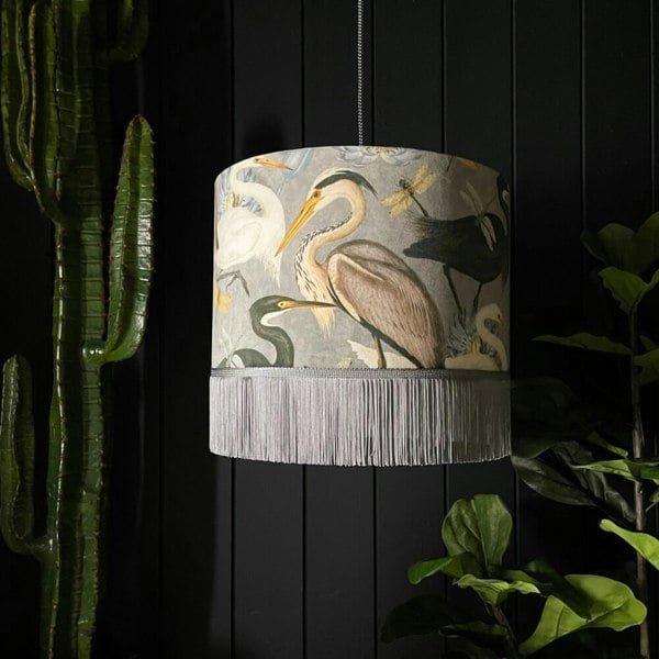 The Tranquil Bird Song Heron Lampshade With Fringing