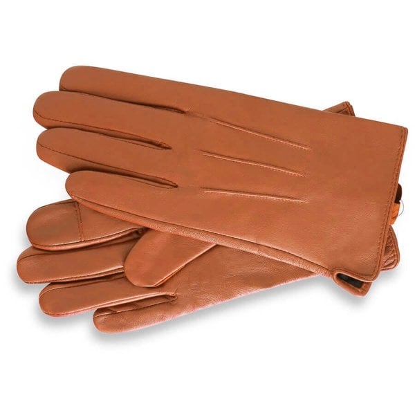 Image displays a pair of tan leather gloves photographed against a white background, unworn.