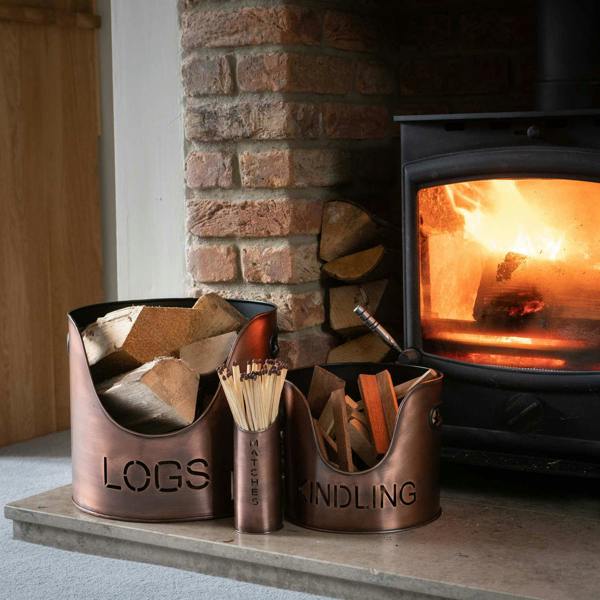 Hill Interiors Three Piece Fire Wood Bucket Set - Copper - 