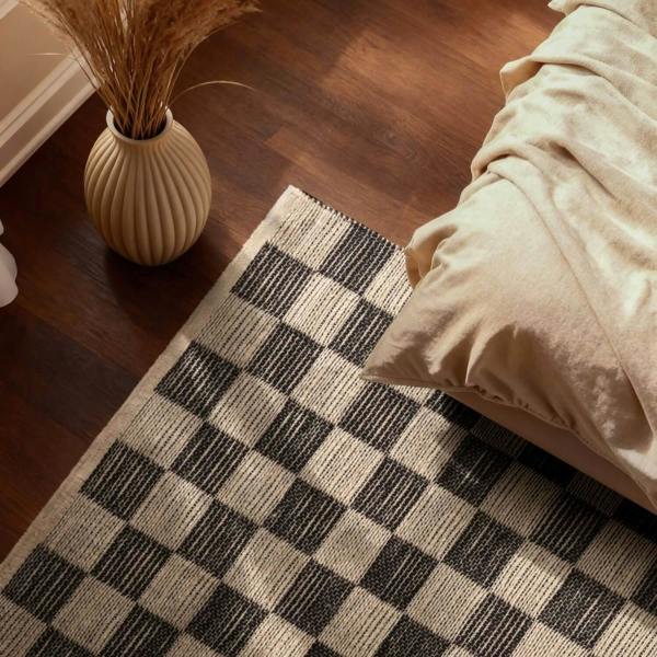 Handloom Jute Rug Natural White Black, Reversible, Long-lasting, checkerboard design.