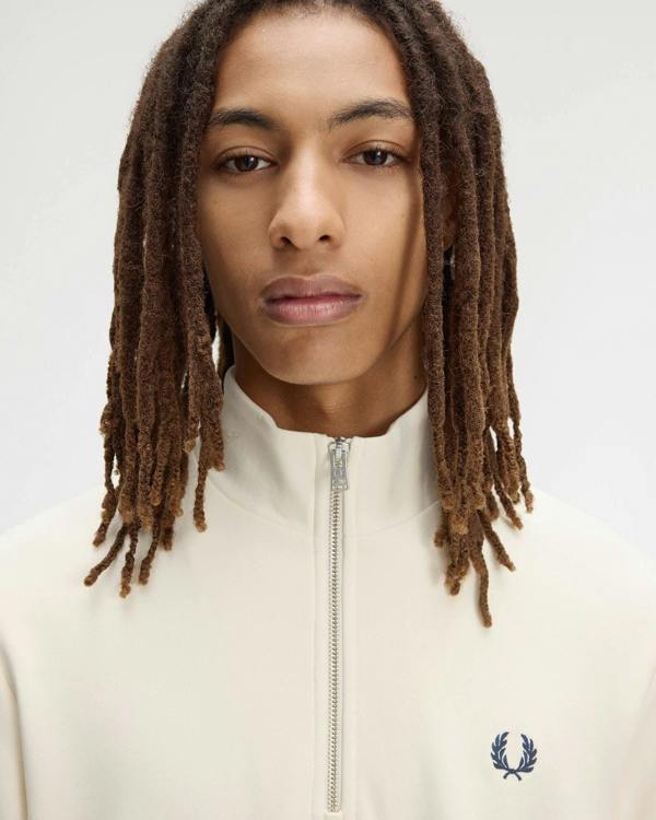 Fred Perry Mens Half Zip Sweatshirt - Ecru/Dusky Blue/French Navy 94B | CHO | Designer Mens Sweatshirts