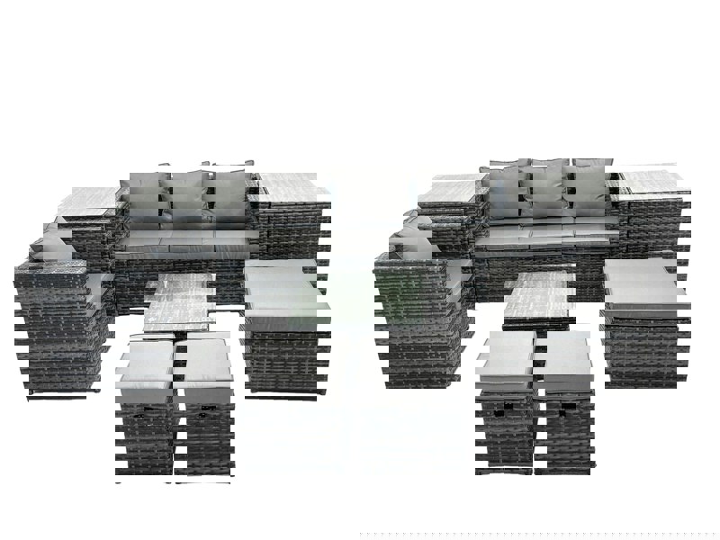 Fimous Outdoor Rattan Garden Furniture Set 7 Seater Patio Lounge Sofa Set with Armchair Square Coffee Table 2 Side Tables 3 Footstools Dark Grey Mixed