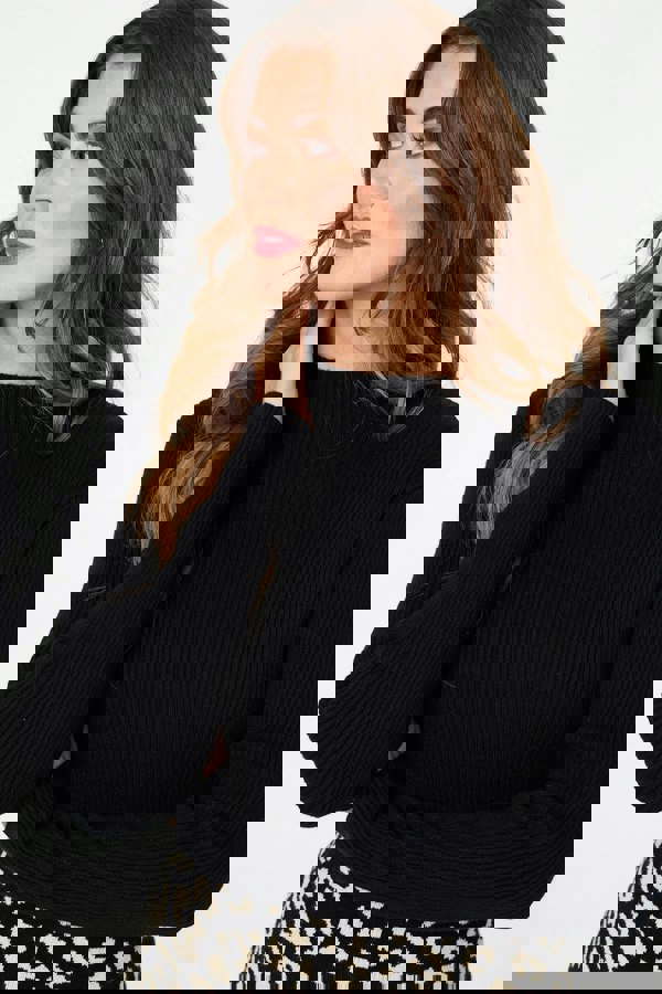 Black | Animal Print Contrast Knit Midi Dress
