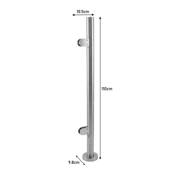 Stainless steel balustrade end post, 110cm high, featuring a sleek, polished finish with mounting brackets for easy installation
