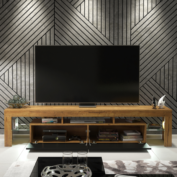 Mex Furniture Sleek 200 cm Modern TV Unit Cabinet Stand Oak Matt Black Doors with Free LED Lights