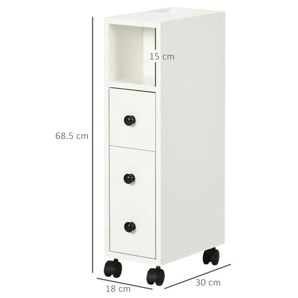 White slim bathroom storage cabinet with open shelf, three drawer fronts, and caster wheels