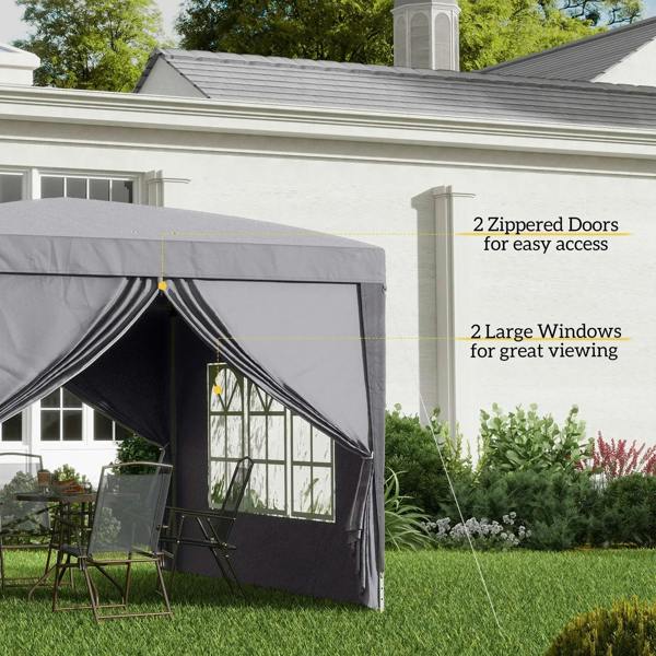 Grey pop-up gazebo tent with zipper-style door opening and large window panels