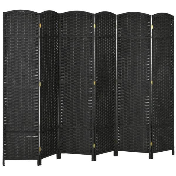 Black 6-panel folding room divider privacy screen with arched top and metal hinges