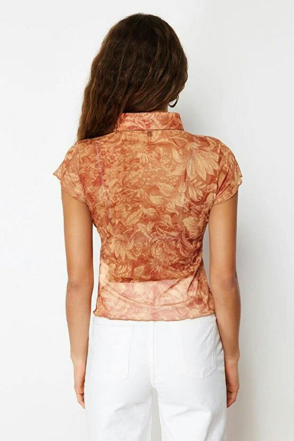 WOVCOR Fitted Shirt Collar Tulle Knit Blouse