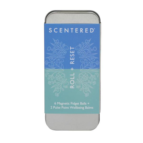 Portable Focus & Reset tin set with calming aromatherapy balms and sensory accessories for desk use.