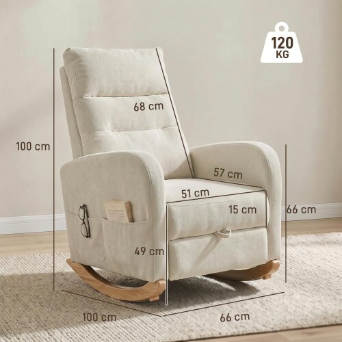 HOMCOM Upholstered Rocking Chair with Retractable Footrest, High Back Cream White