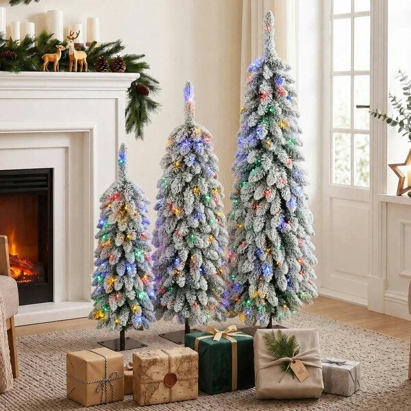 Bobobiy Artificial Christmas Tree Set of 3, Snowy Pre-Lit Christmas Tree with PVC Branch Tips, 90/120/150 cm, Green White - Green, White