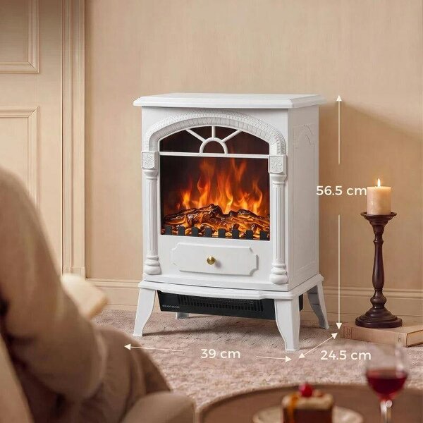 Freestanding Portable Fireplace, Electric Fireplace Stove Heater with 3D Flame Effect and Adjustable Thermostat, White