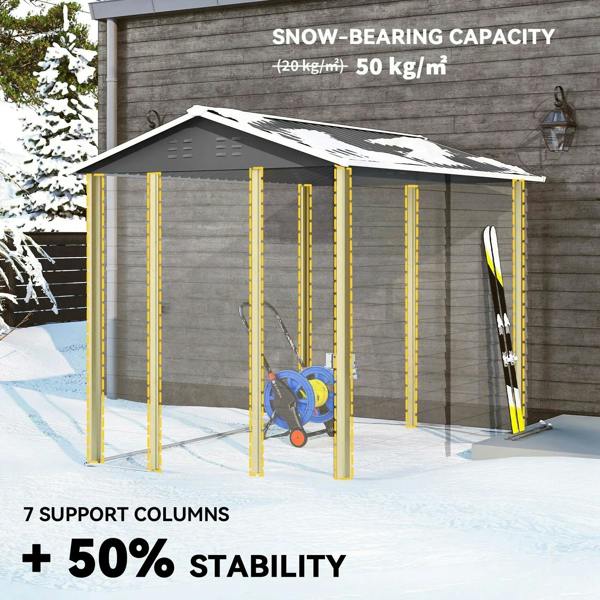 Metal garden shed graphic highlighting snow load and stability supports