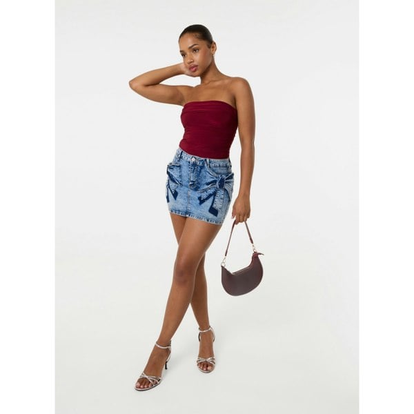 Pink Vanilla Diamante Bow Denim Mini Skirt