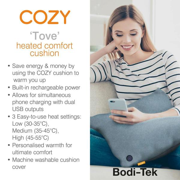 Product features bullet pointed next to an image of a woman hugging a blue heated cushion.