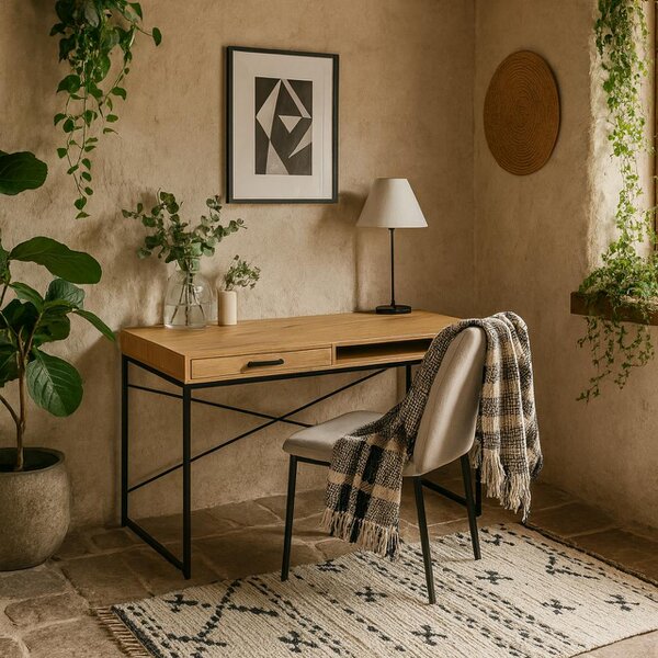 Wyld Haus El Paso Wild Oak Effect Desk with Drawer and Shelf Black Metal Base
