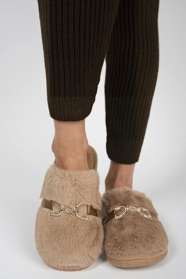 Noelia Faux Fur Slip-on Slippers With Gold Chain Detail - Mocha
