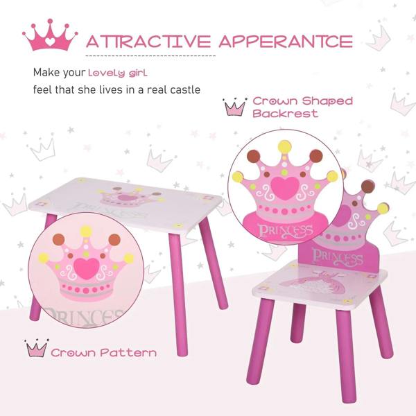 Kids table with 2 crown-shaped back chairs, princess graphics, pink legs and bases