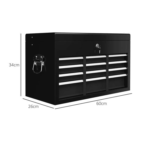 Black steel tool storage chest with six drawers, lock, and carry handle with dimensions