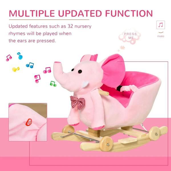 Pink plush elephant ride-on rocking horse with wooden base and bow