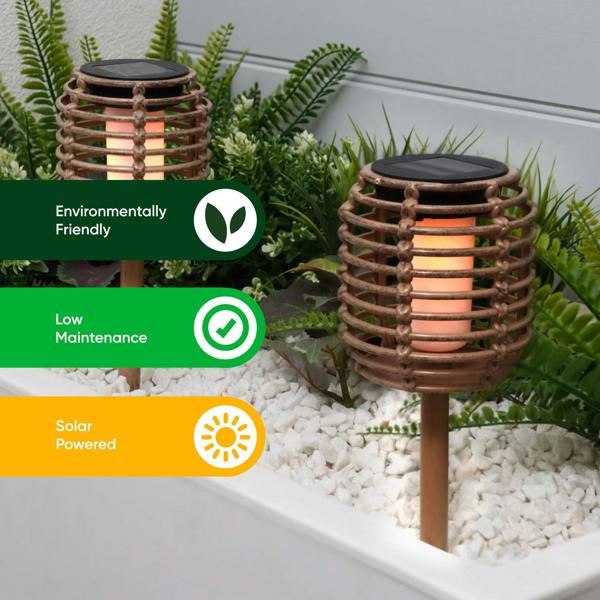 Gardenwize Pack of 2 Solar Rattan Effect Stake Lights – Warm White LED Flame Effect