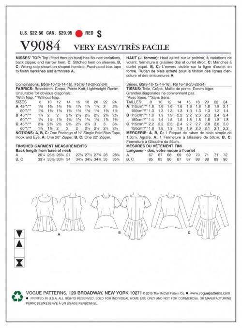 Vogue Sewing Pattern 9084, Tops for Women, 8-10-12-14-16 - Easy