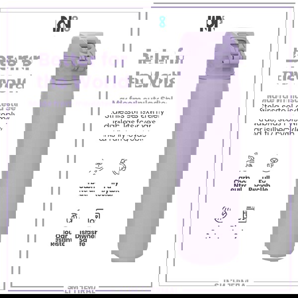 A lavender insulated steel water bottle stands against a white background. The bottle is described as durable, recyclable, odour resistant, and dishwasher safe. The text also advertises it as better for the world, carbon neutral, and made from insulated stainless steel.