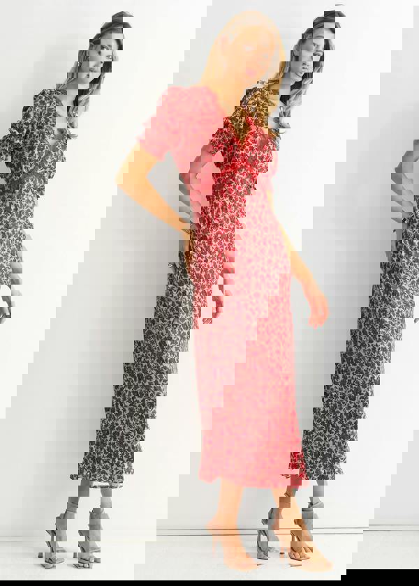 Gini London Red Floral Lace Trim V Neck Midi Dress