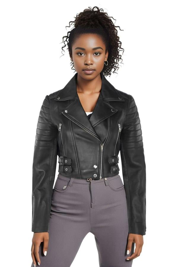 Infinity Leather Womens Cropped Brando Leather Biker Jacket-Damascus