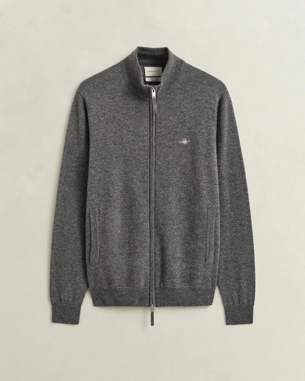 GANT Mens Superfine Lambswool Full Zip Sweater - 90 Charcoal Melange | CHO | Designer Mens Full Zip Jumpers