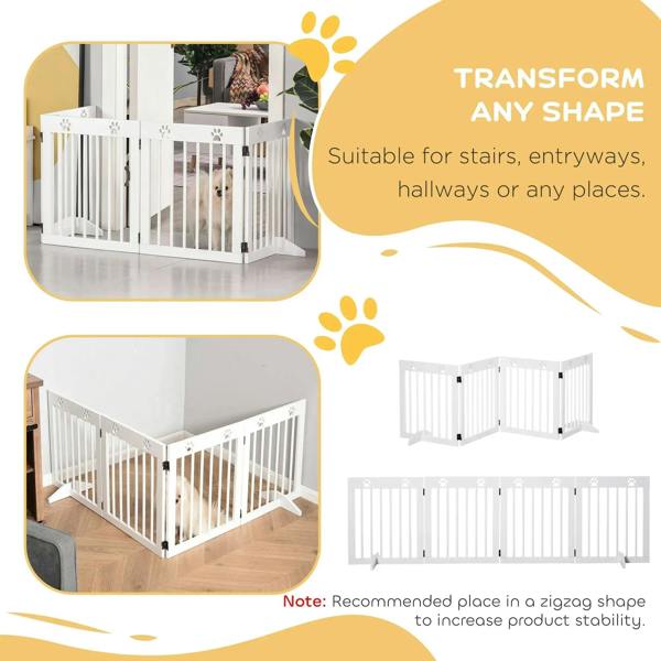 White pet gate folded in a corner layout with vertical bars and paw-print top rail